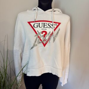 Biała bluza Guess ICON z kapturem i kryształkami